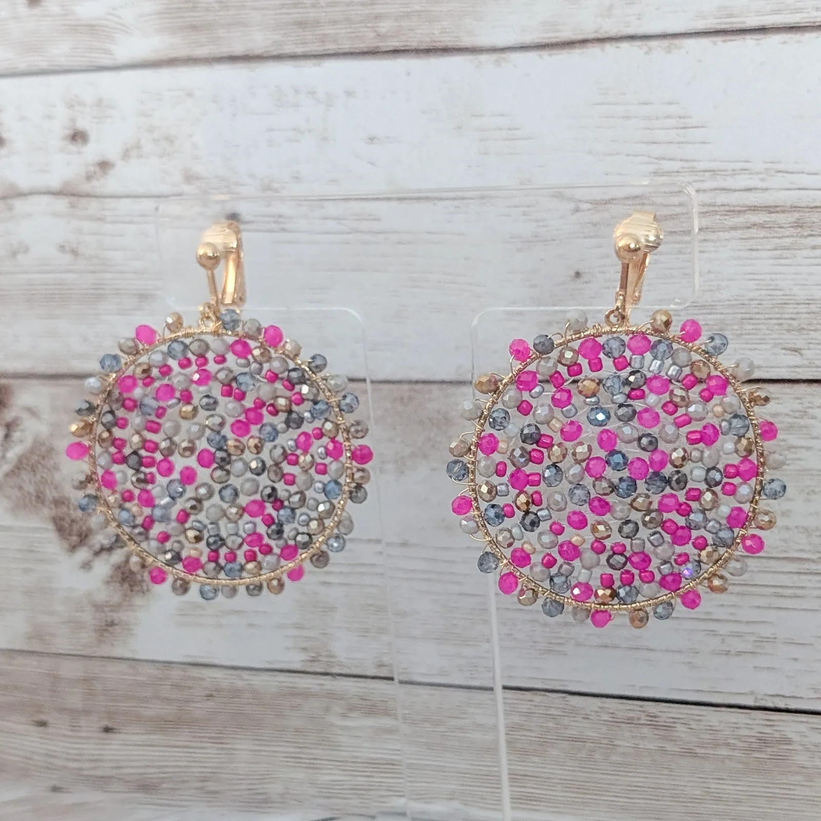 Vintage Clip On Earrings Pink & Purple Tones Extra Large Dangle Really Pretty - Image 2