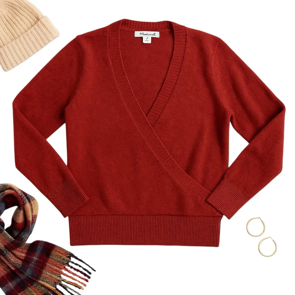 Madewell Merino Wrap-Front V-Neck Sweater Rust Maroon Red Size Medium EUC Cozy - Image 2
