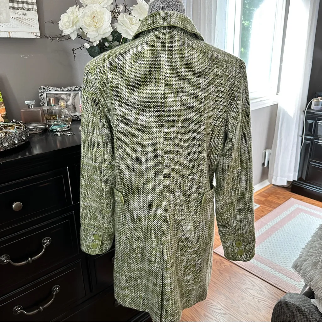 Dialogue Olive Houndstooth Tweed Trench Coat Size 10 - Image 9