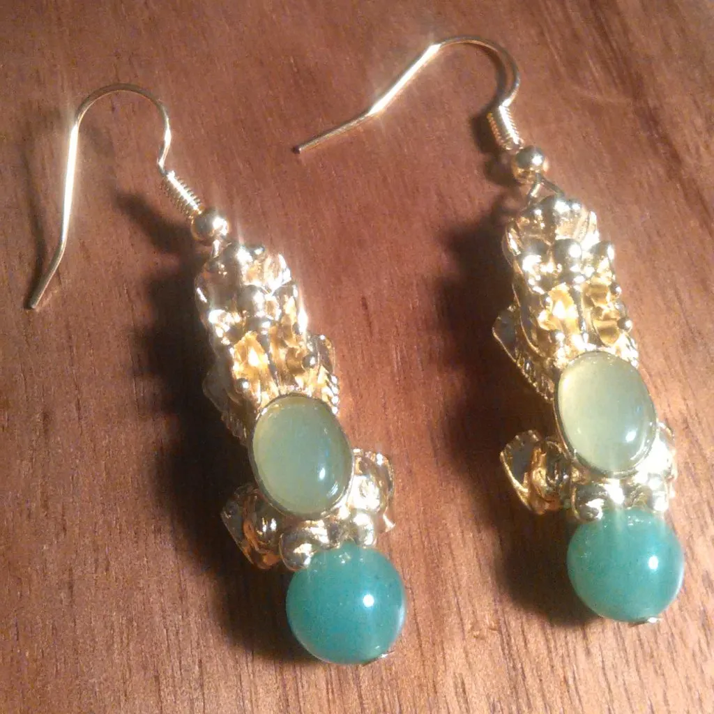 Green Aventurine Dragon Goldtone and Stainless Steel Dangle Earrings - Image 2