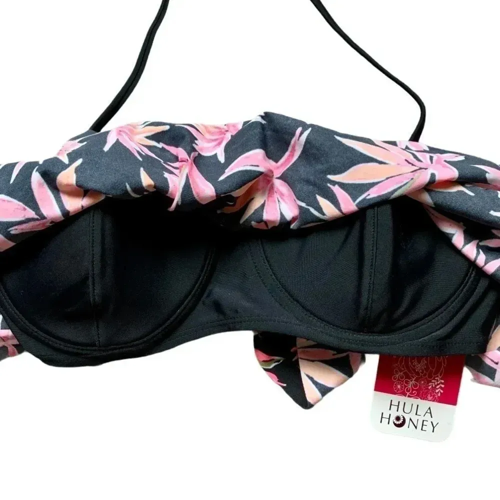 Hula Honey Paradise Flounce Floral Swim Top Black Pink Tropical - Image 4