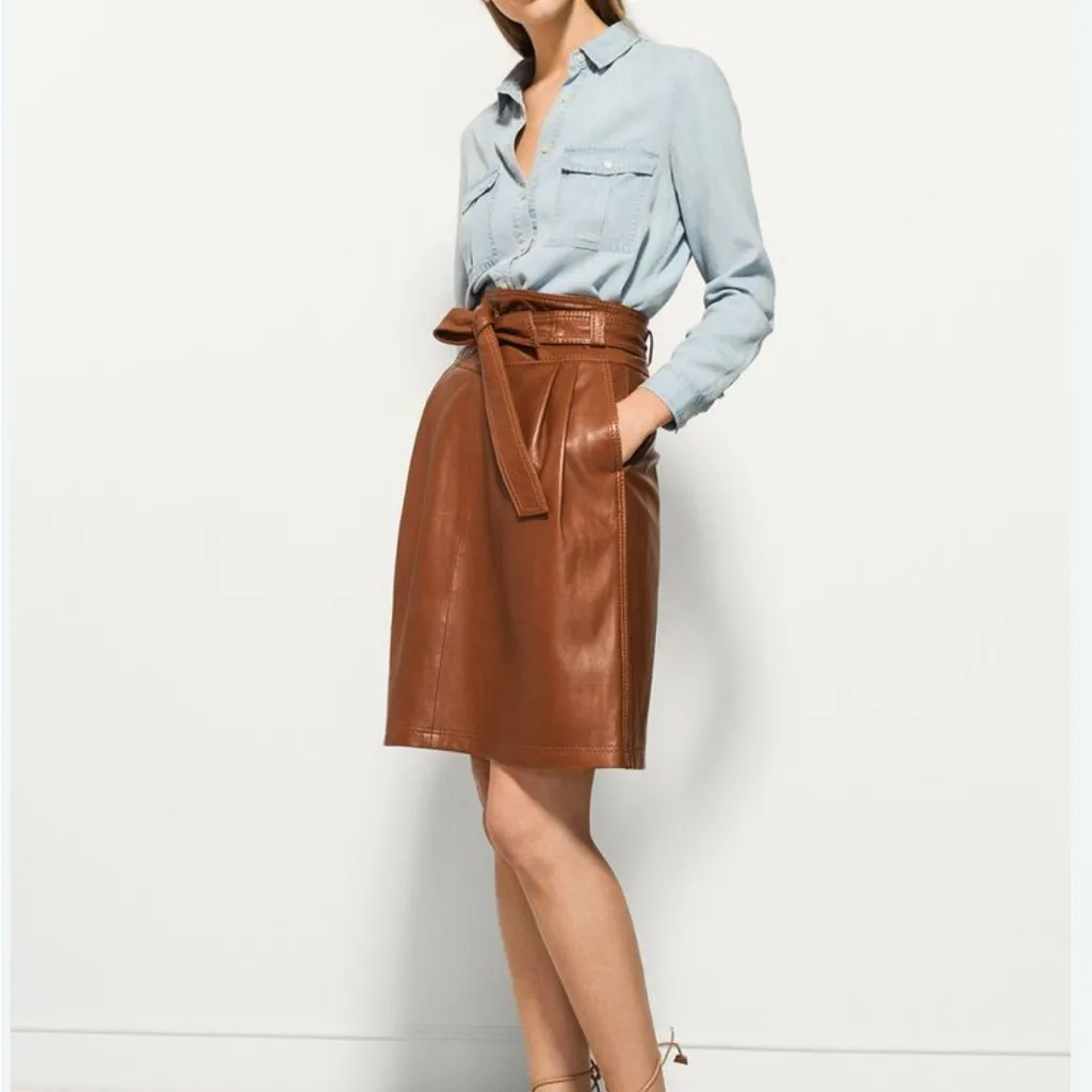 Massimo Dutti Tan Leather A-Line Skirt - Image 2