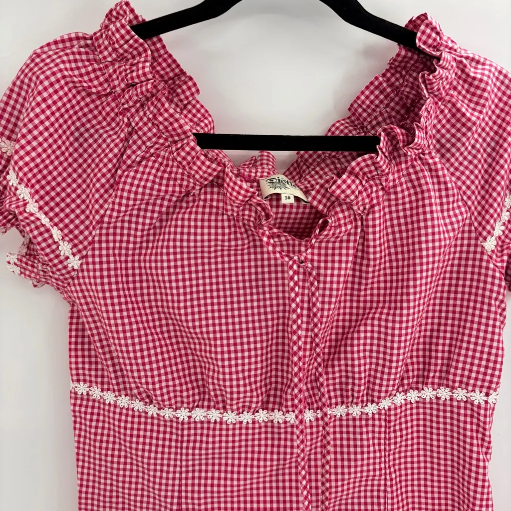 Y2K 2000s Red Gingham Ruffle Cottagecore Babydoll Top Coquette Farmcore medium Pink - Image 3