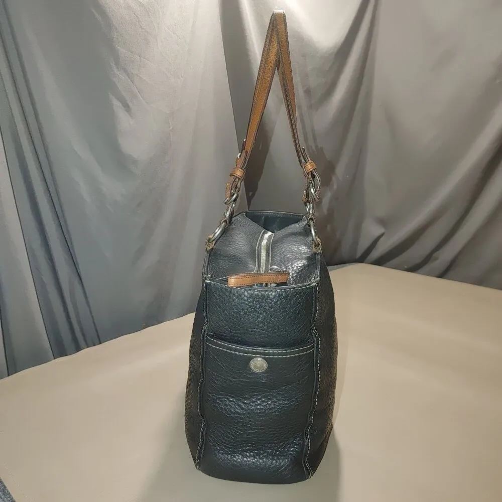 Coach Black Leather Tote Bag With Tan Straps & Silver Hardware - Image 11