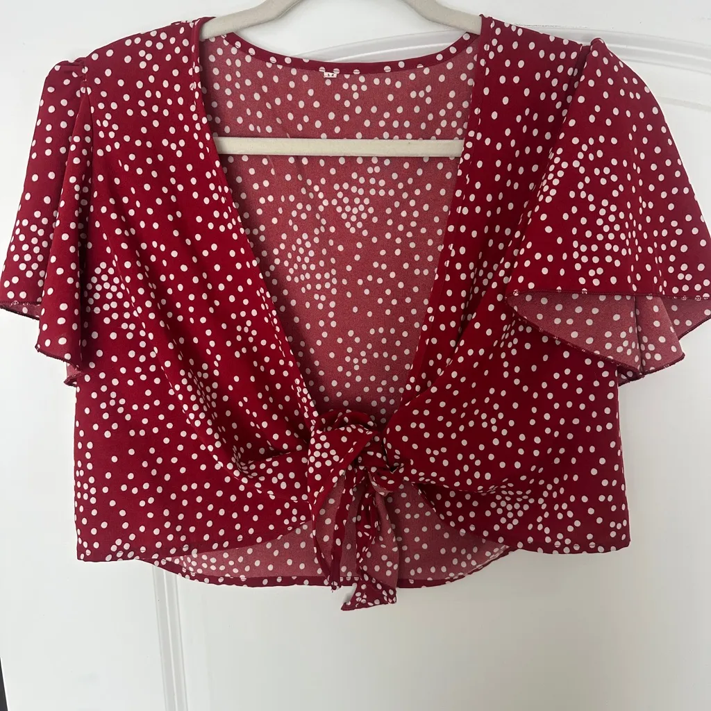 Polka Dot Tie-Front Blouse and Tattered Jean Shorts Set - Image 2