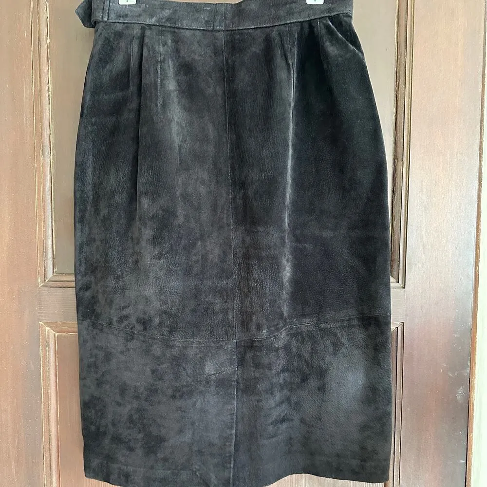 DANA BROOKE | 90s Vintage 100% suede leather skirt knee length| Size 10 Black - Image 6