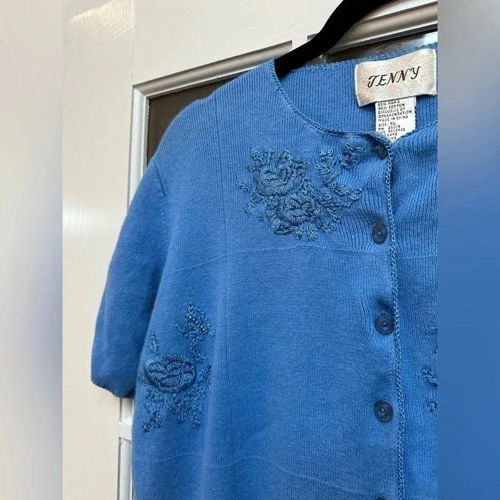 Vintage Jenny Floral Embroidery Beaded Blue Button Down Cardigan Sweater Size XL - Image 3