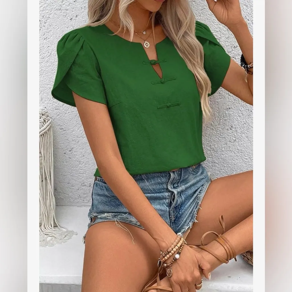 NEW Petal Short Sleeve V Neck Blouse Dressy Fitted Shirt XL Green - Image 6