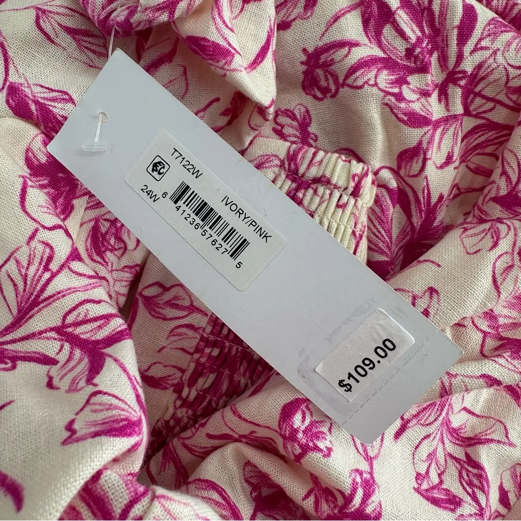 London Times Puff Sleeve Pink Floral Print Midi Dress size 24W Square Neck NWT - Image 12