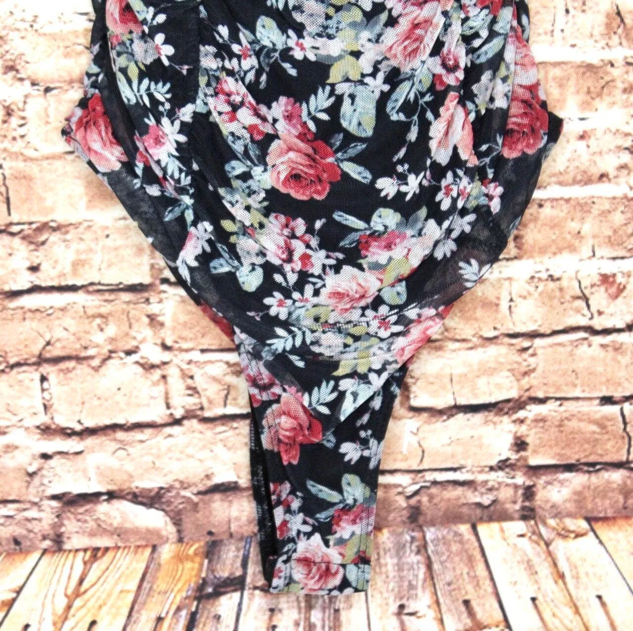 | Ruched Mesh Bodysuit Black Ruby Floral - Image 5