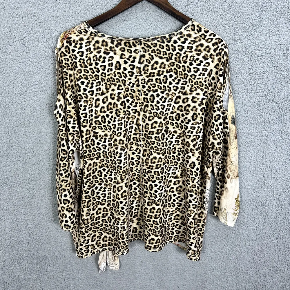 Chicos Top Womens Medium Brown Cheetah‎ Safari Travel Oversized Mixed Media - Image 2