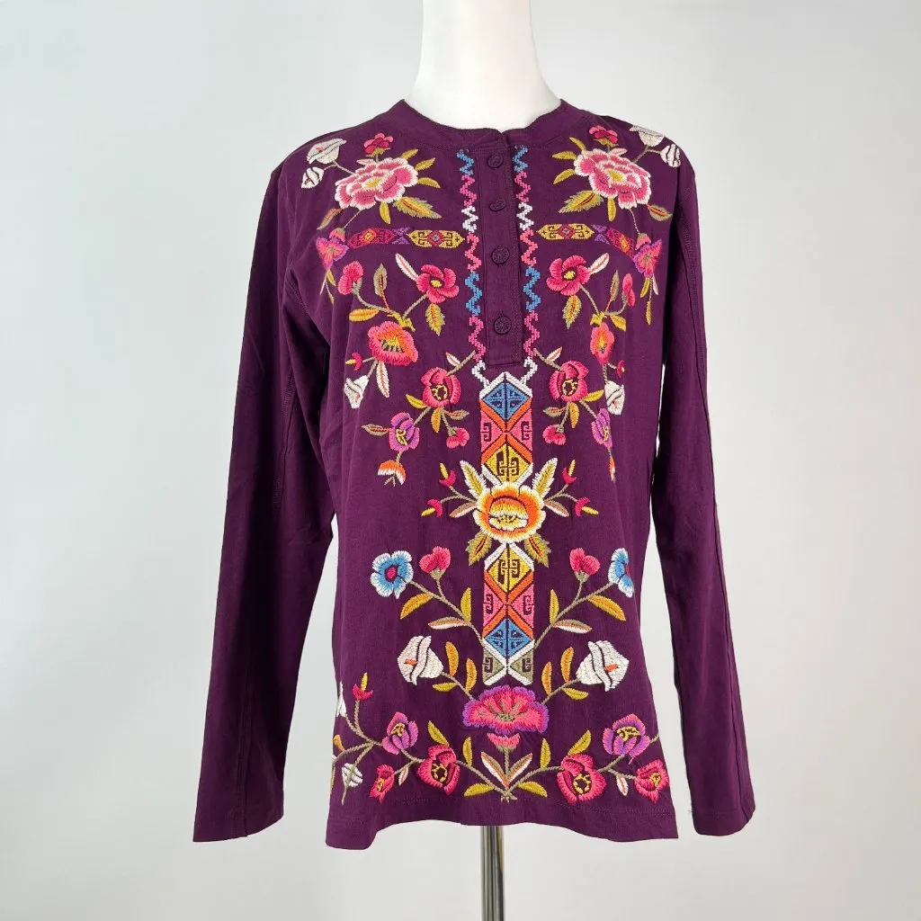 NWOT Johnny Was Anaya Floral-Embroidered Henley Top Tee Long Sleeve T-Shirt S - Image 2
