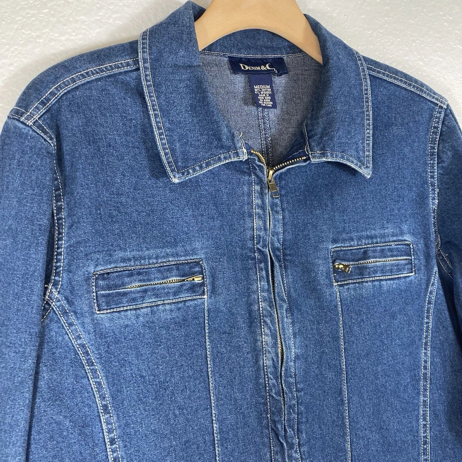 Denim & Co. Blue Jean Denim Jacket Womans M Zip Front Pockets Cabin Gorp Country - Image 2