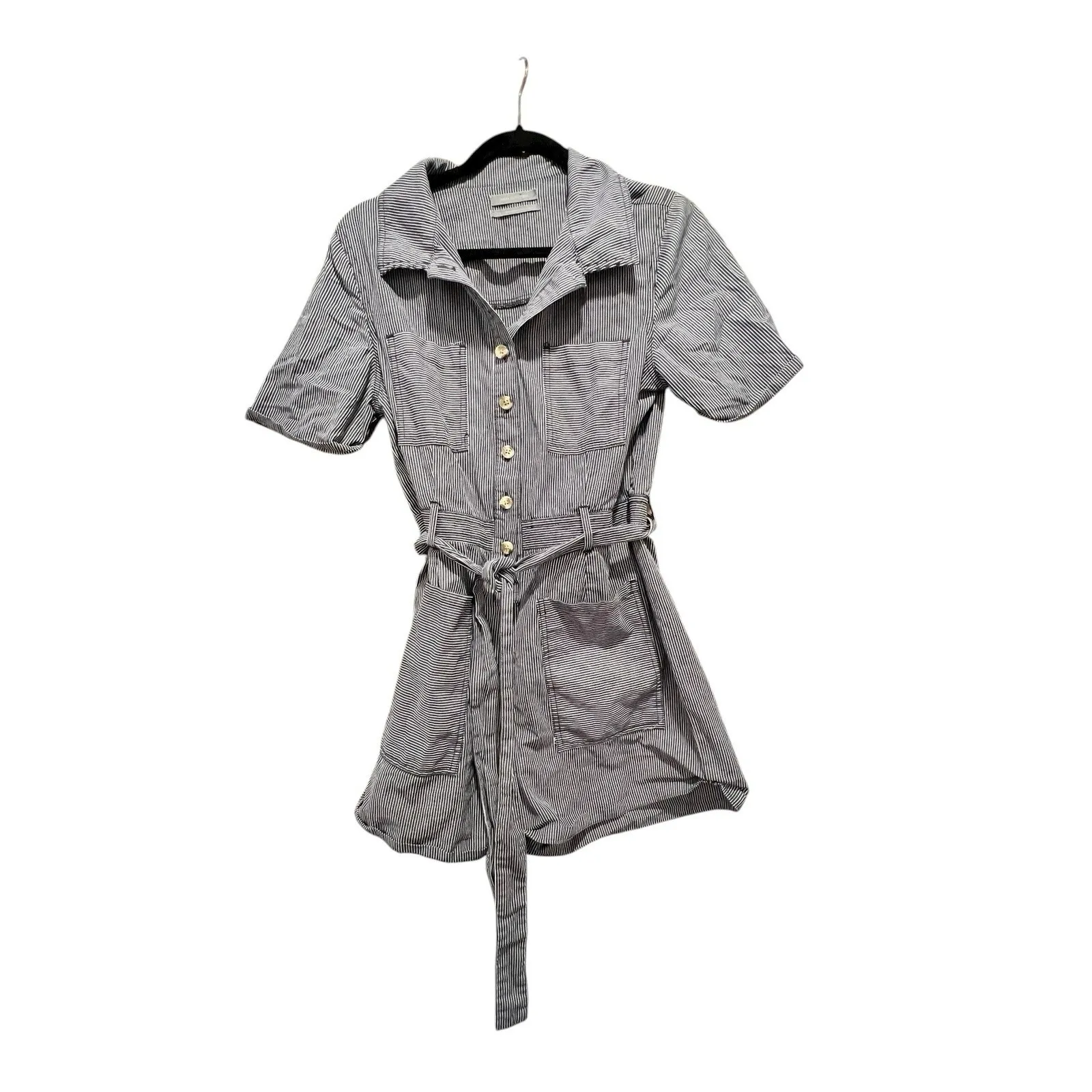 Urban Outfitters Romper Womens Large Denim Conductor‎ Stripe Belted Casual Relax - Image 2