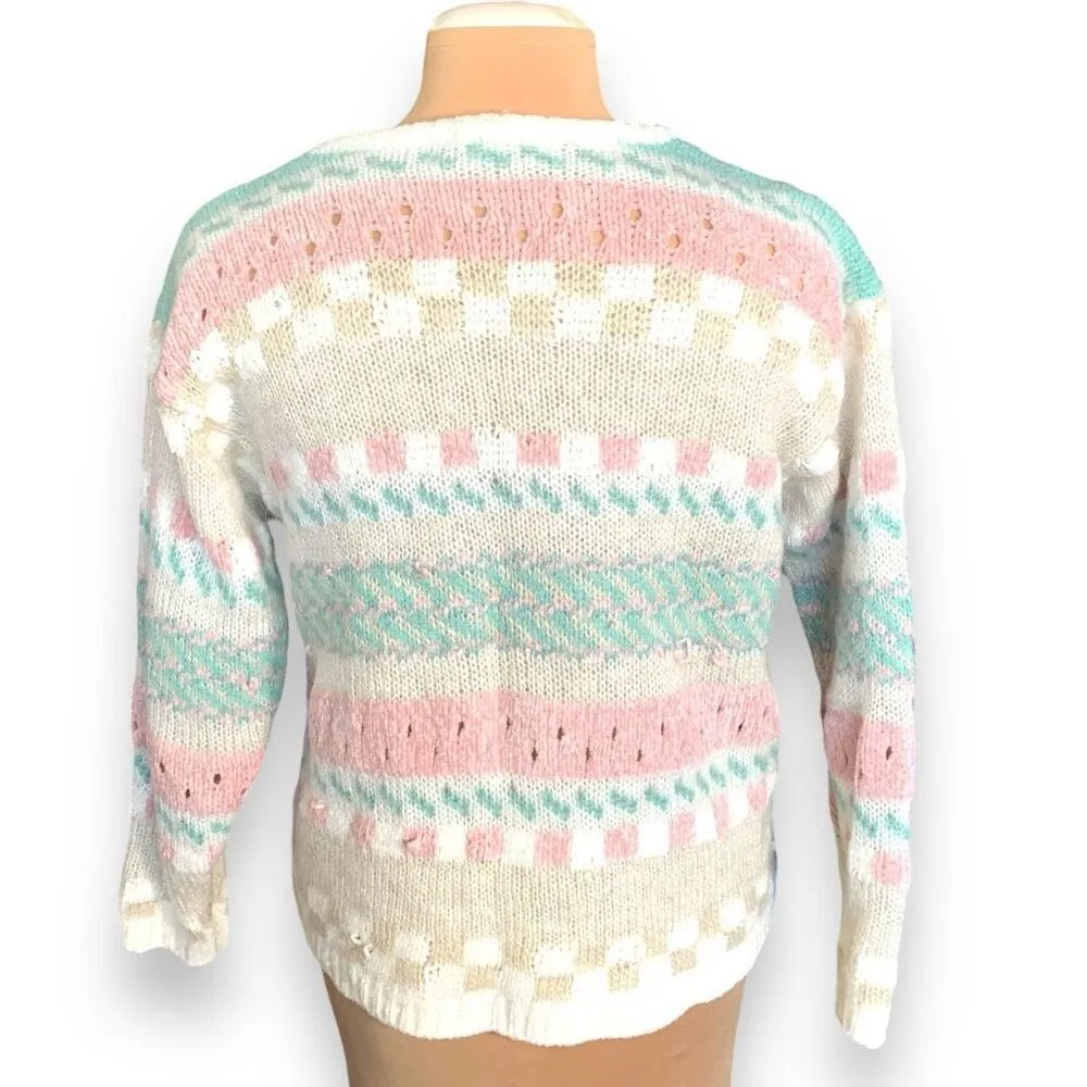 Vintage 90s Sweater Oatmeal Light Pink Mohair Open Weave Checkered Crewneck Knit Tan Size L - Image 3