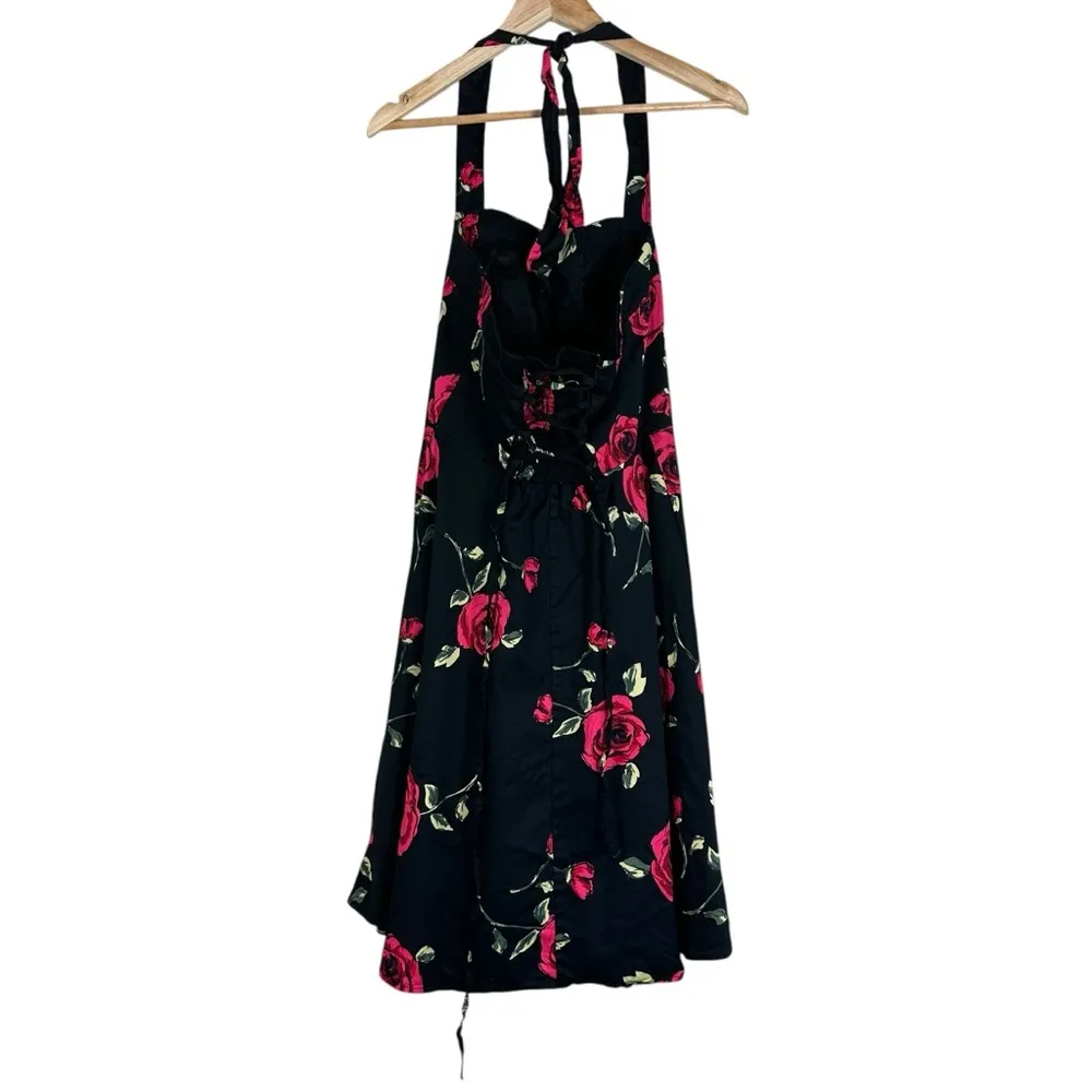 Topdress Womens L Black Floral Halter Fit & Flare Dress Retro Rockabilly Pinup Size L - Image 3
