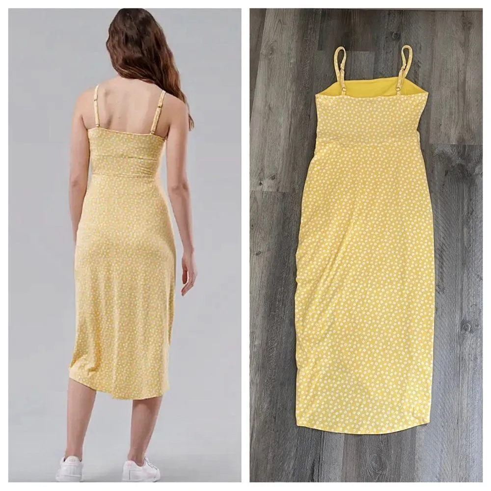 Hollister Midi Dress Cinched Yellow White Floral Adjustable Small Stretch - Image 6