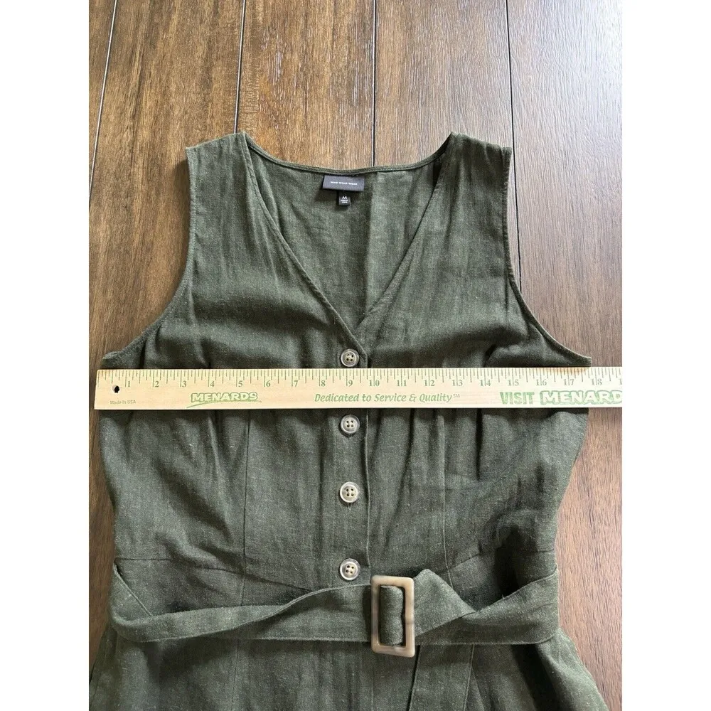Who What Wear Women's M Linen Blend Dark Green Sleeveless V Neck Jumpsuit - Image 3