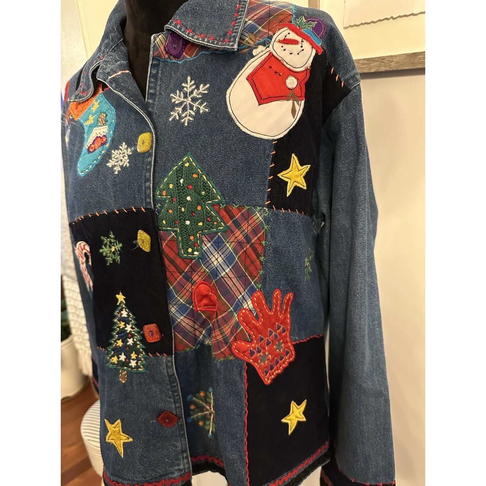 Christmas Jean Shacket Holiday Theme Shirt Size Small Blue Denim Vintage Xmas - Image 3