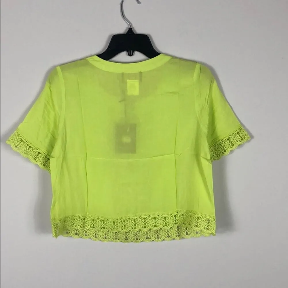 Short Sleeve Top Lace Hem Pleated Cropped Lace Up Yellow - Image 3