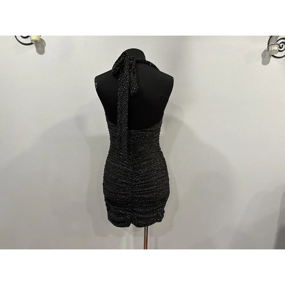 Lucy in the Sky  Virginia Ruched Bodycon Dress In Black Silver Shimmer Large L - Image 4