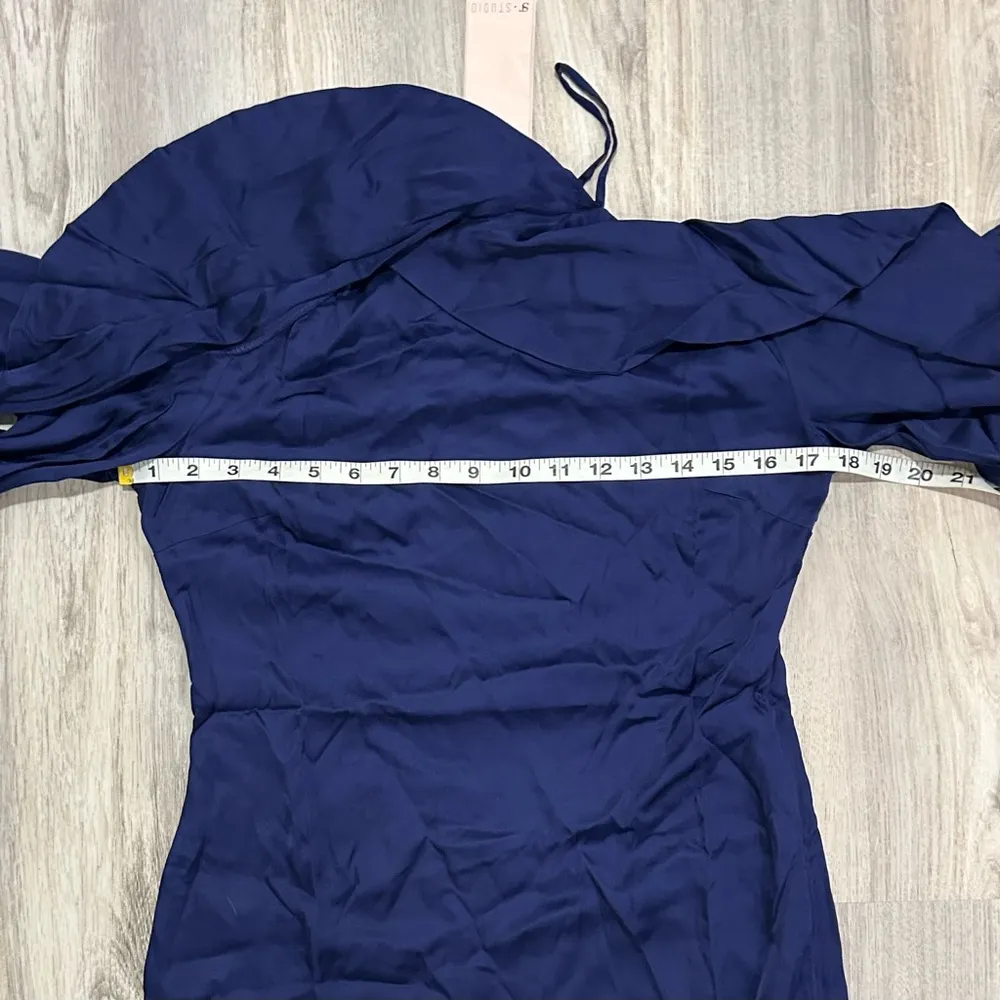 NWT SuperTrash ST Studio Navy Ruffle Off Shoulder Long Sleeve Mini Dress Size S Blue - Image 3