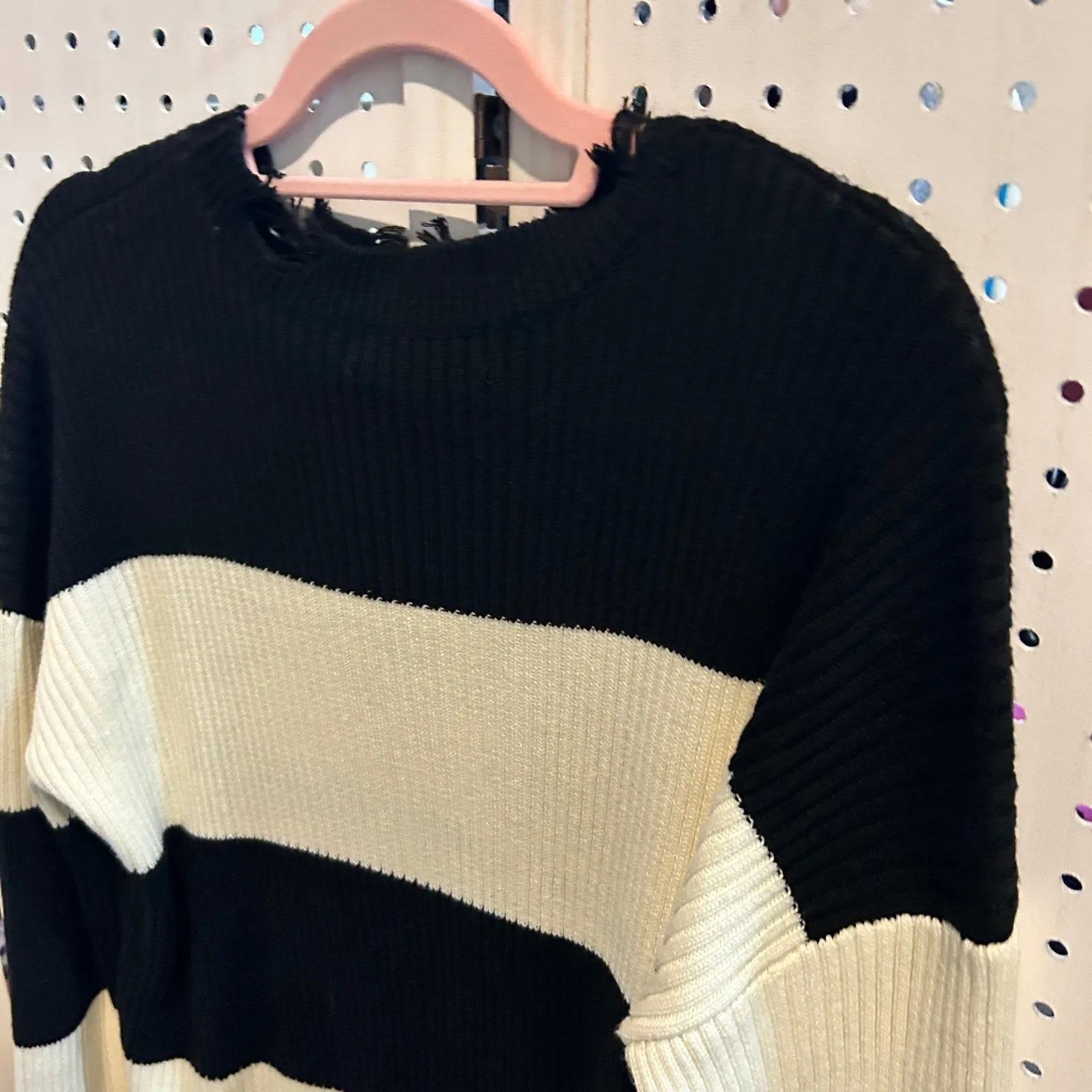 Black & Cream Striped Knit Sweater Distressed Frayed Pullover Revolve Medium - Image 7