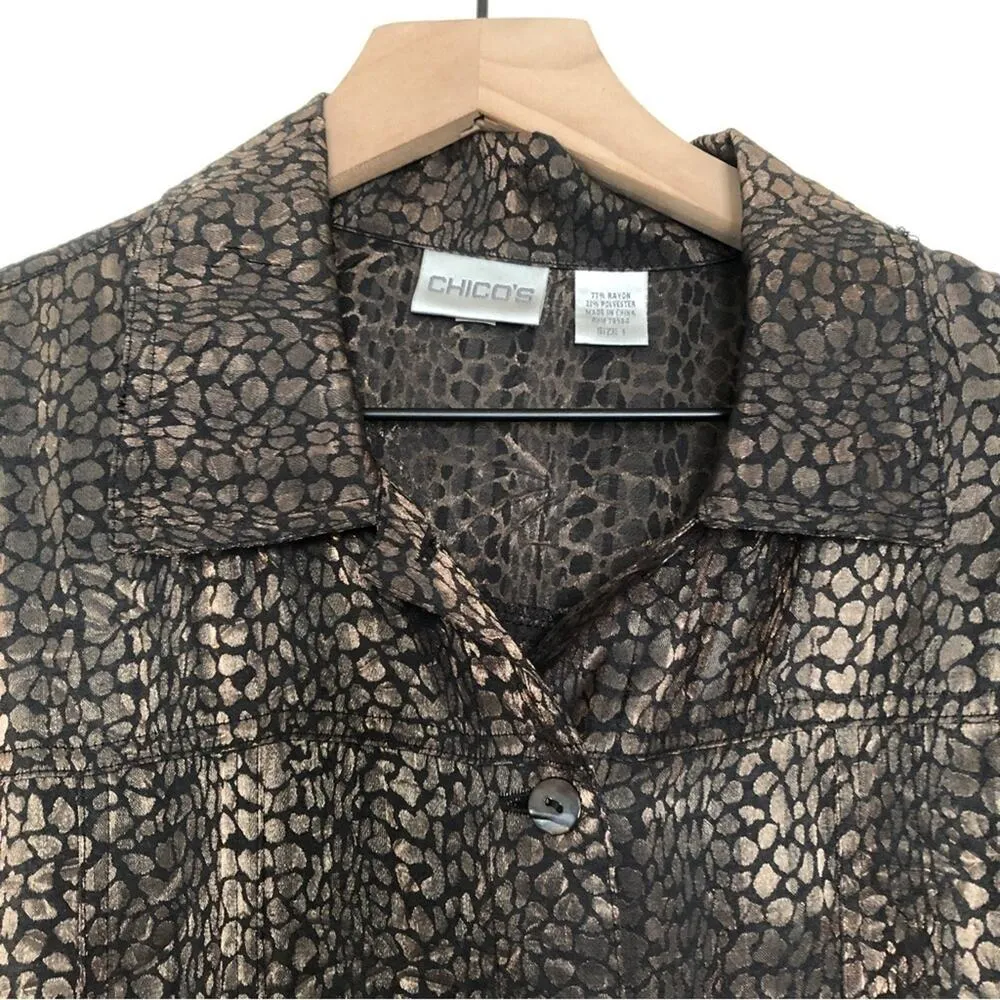 Chico's Leopard Print Metallic Black Gold Long Sleeve Button Up Blouse Shirt Top - Image 3