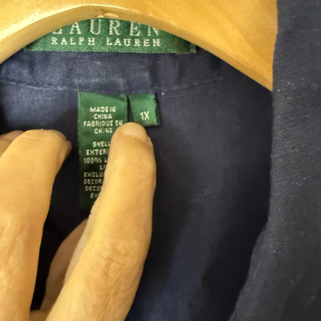 Lauren, Ralph Lauren, navy blue linen, button-down, embroidered anchor shirt XL - Image 7