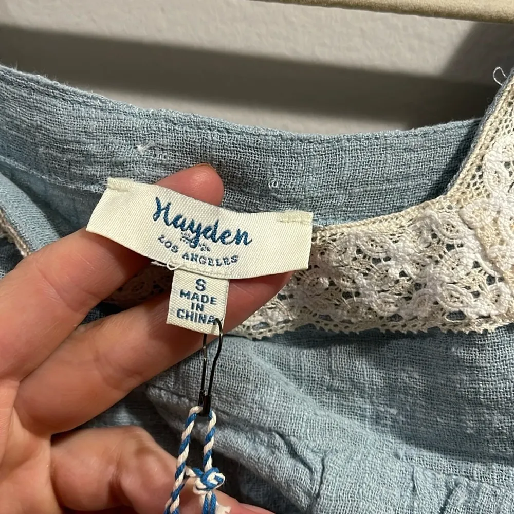 Hayden Linen Like Blue Lace Trim Women's Babydoll Top - Image 7