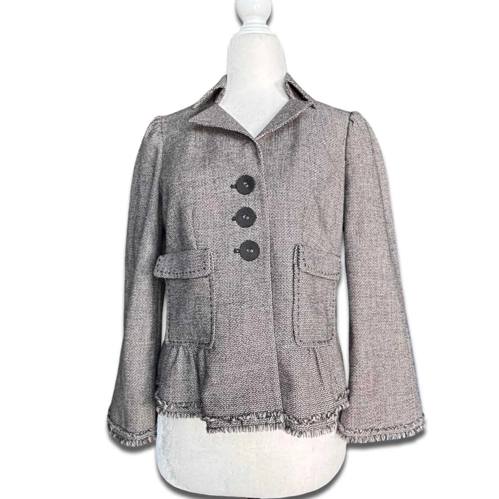 Rebecca Taylor Gray Tweed Wool Jacket Peplum Fringe Mini Polka Dots Designer 4 - Image 11