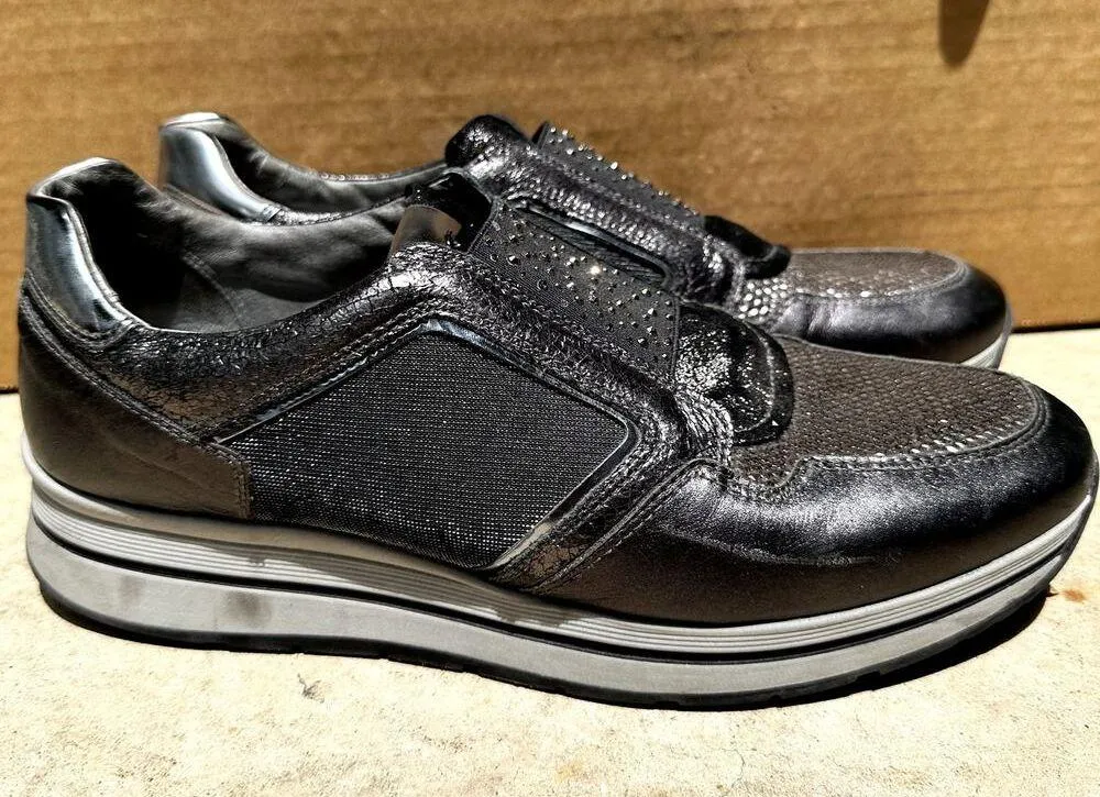 Nero Giardini Rhinestone Leather Sneakers Casual Fashion Pull On Black 41 10.5 - Image 3