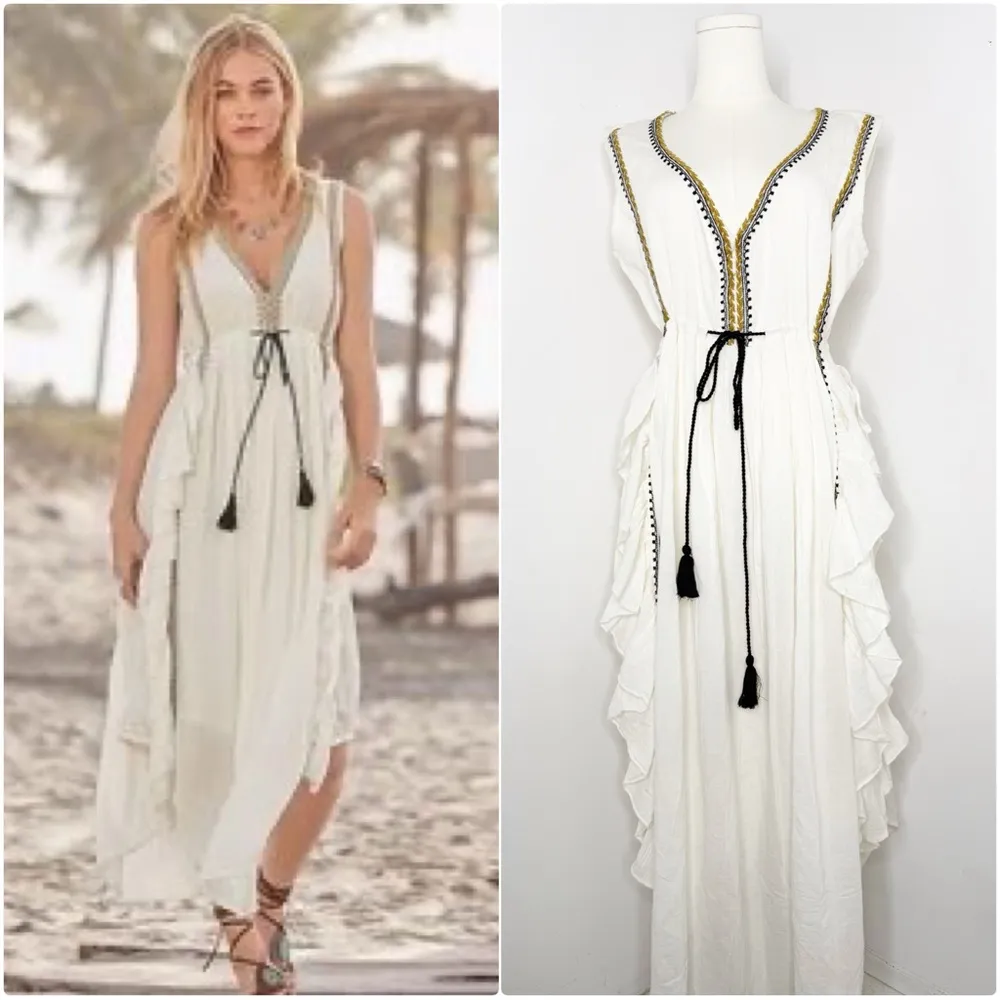 Talisman White Ruffle Maxi Dress with Tassel Tie Women’s Medium - Image 2