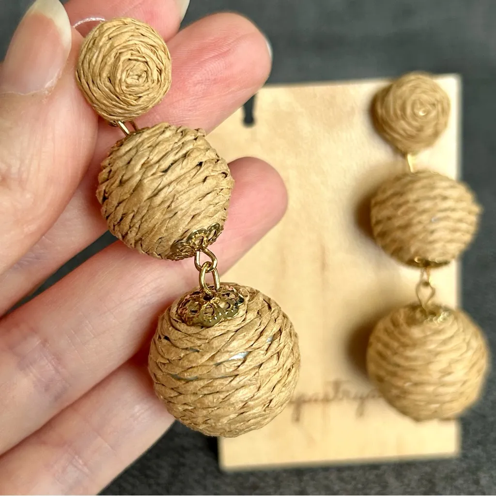 Rattan Covered, Dangling Drop Sphere Stud Earrings, Tan, Gold Tan - Image 7