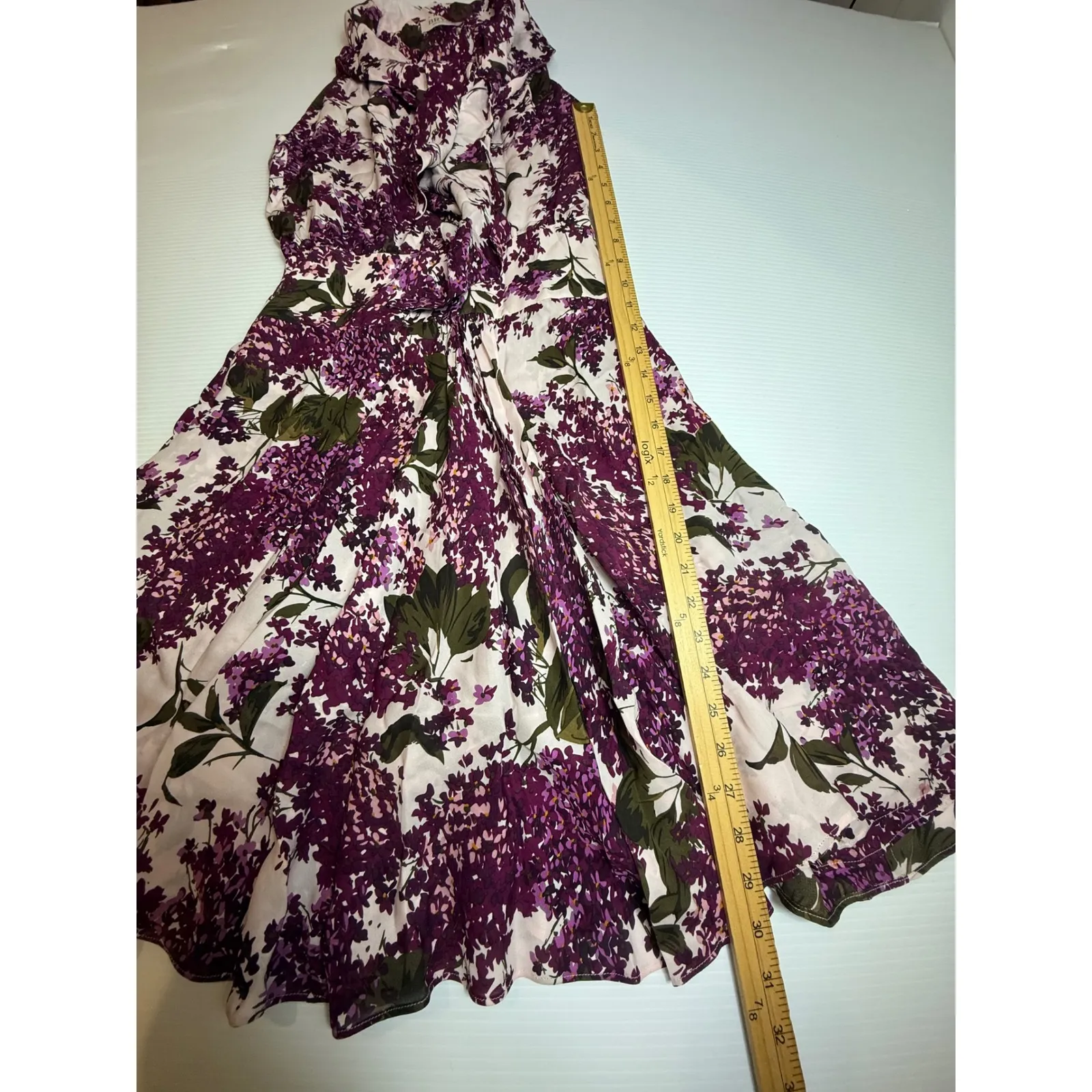 Bryan Bradley Floral Print 100% Silk‎ Dress Sleeveless Purple halter Fit Flare M Size M - Image 2