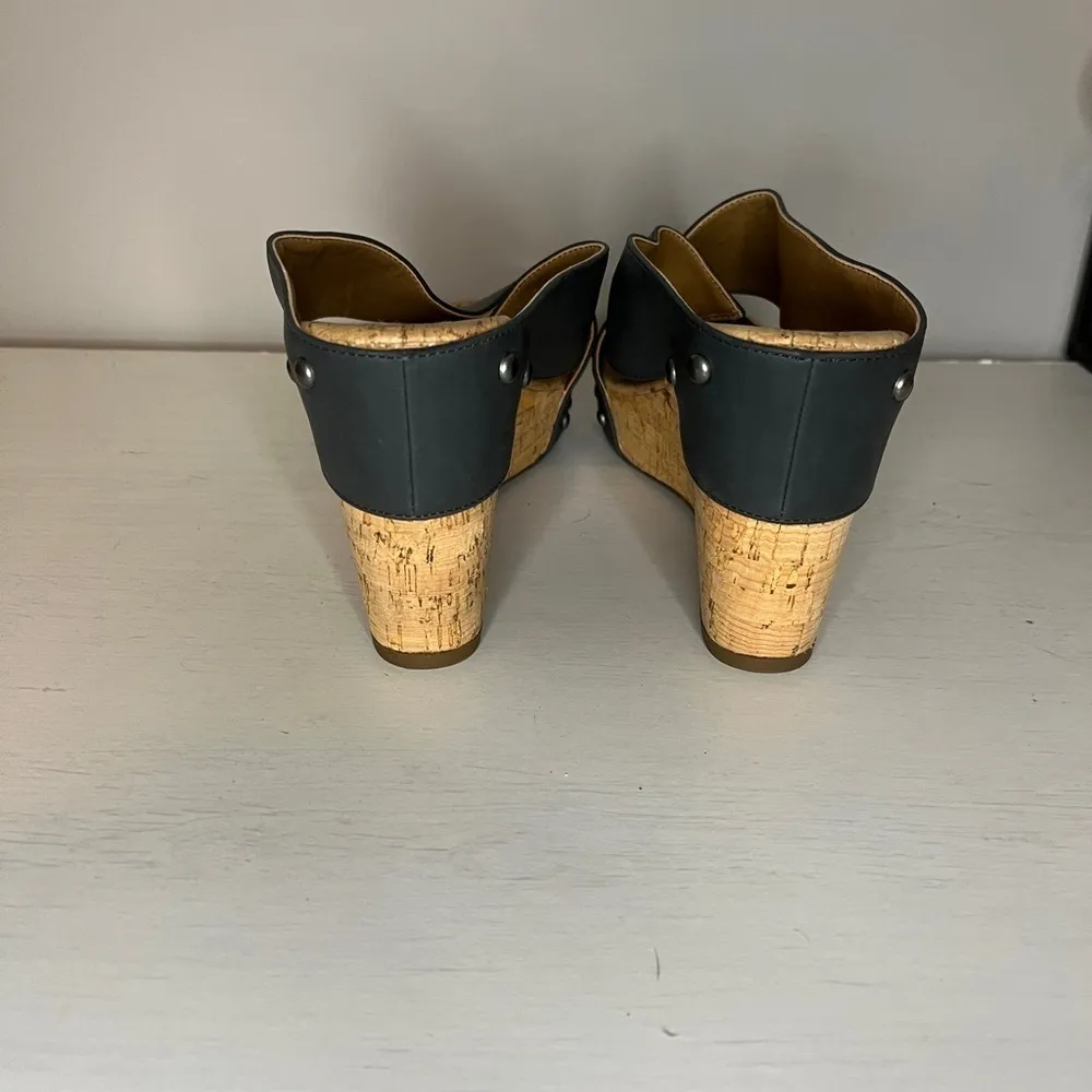 Lucky Brand Mykayla Grey Leather Cork Platform Wedge Sandals, Summer Shoes - Image 9