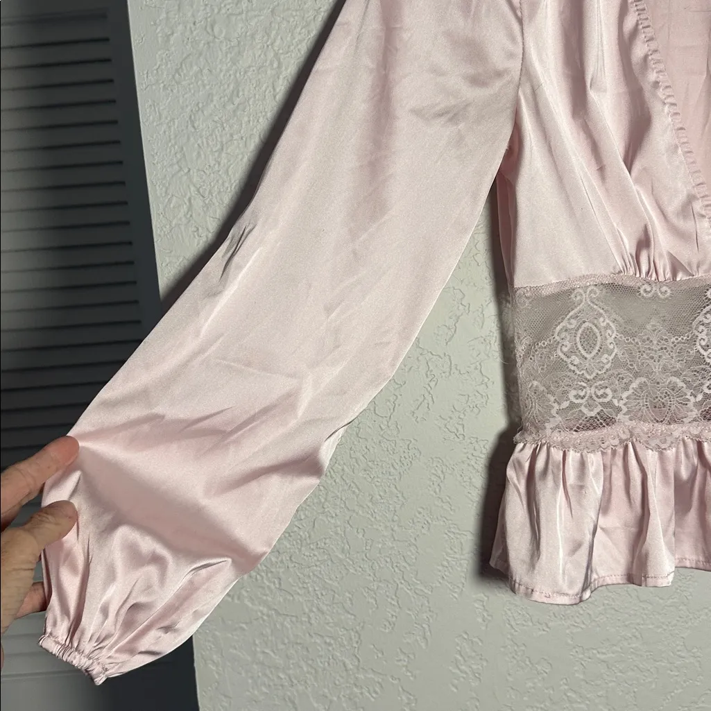 Windsor Blush Pink Satin Blouse Lace Sexy Y2K Plunging V Valentines Sheer Small - Image 5