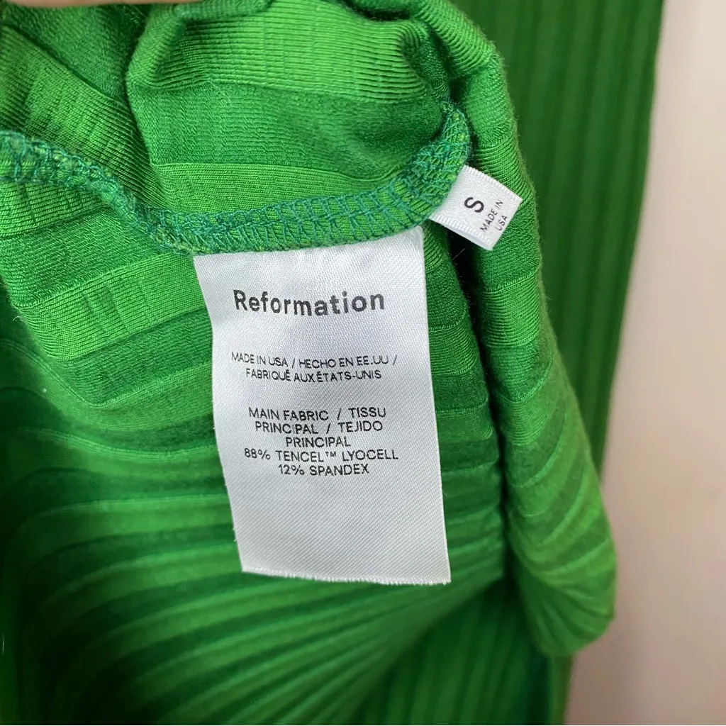 REFORMATION Zia Ribbed Knit Short Sleeve Mini Slit Dress Green Sz Small - Image 12
