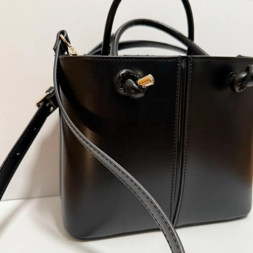 Zara black mini city tote structured chic bucket bag vegan leather purse minimal - Image 2