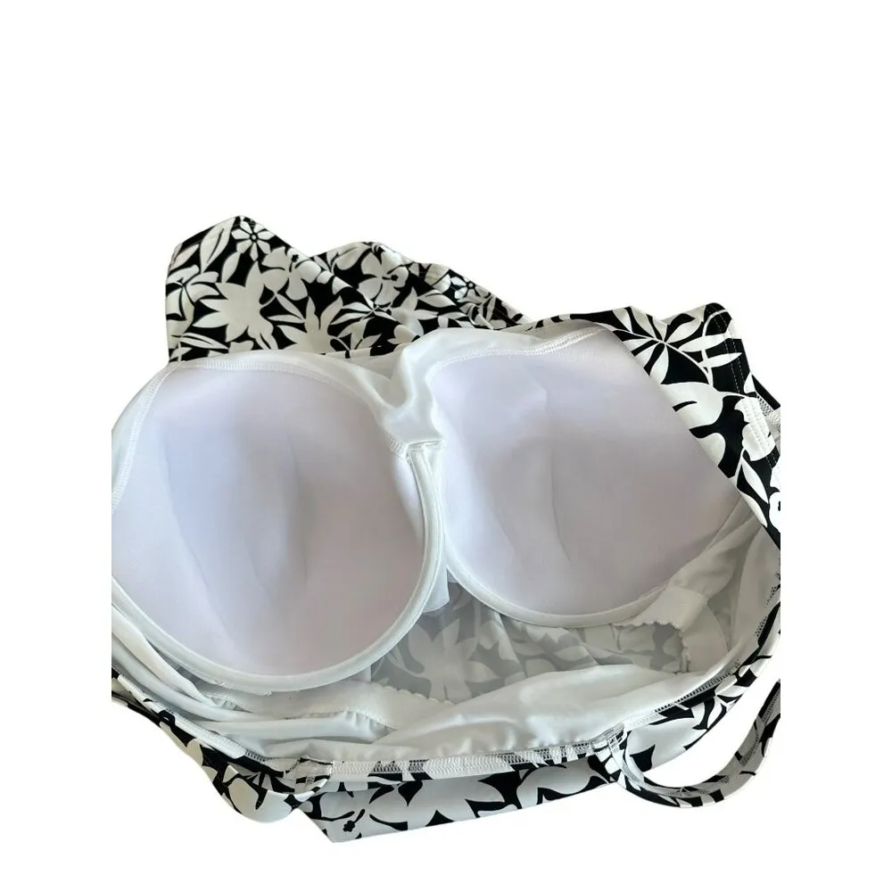 Lands' End Square Neck Tankini Top Swimsuit 20W Floral Underwire Black White NWT - Image 2