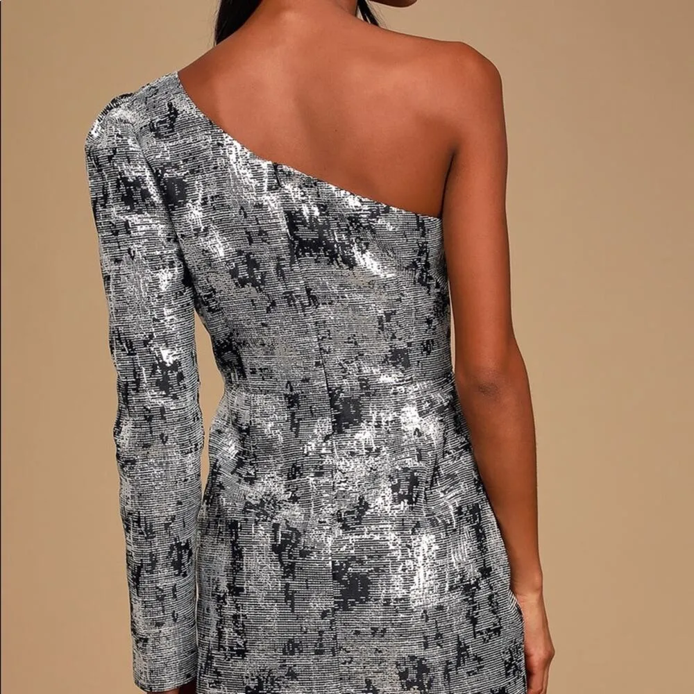 NWT Lulus Its All Love Metallic Black & Silver Cocktail Dress One Shoulder S - Image 6