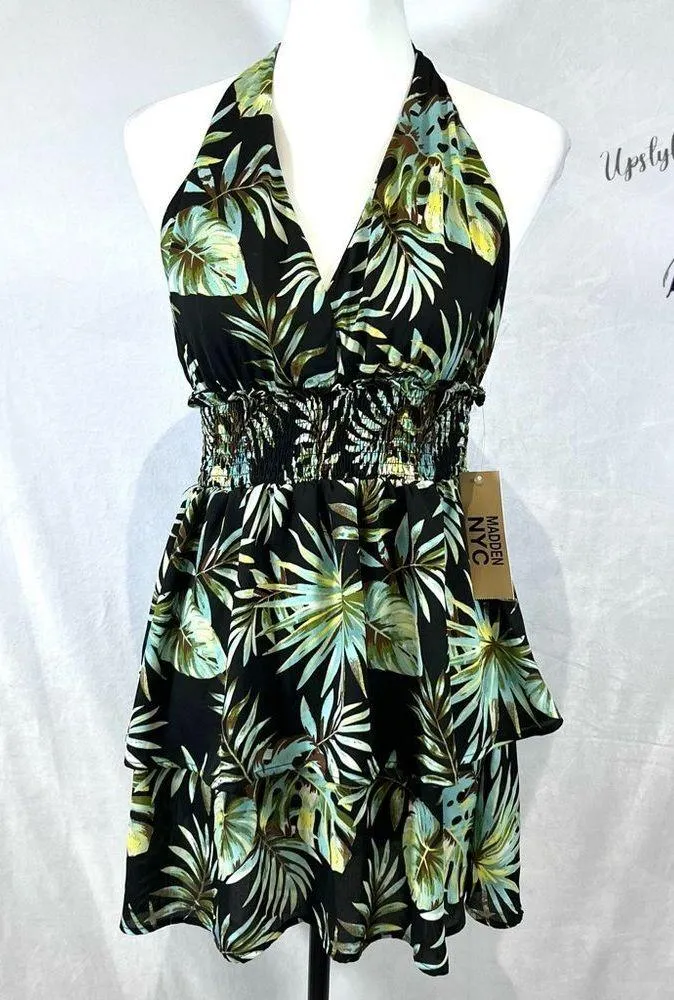 Madden NYC black tropical print tiered smocked halter dress size medium NWT - Image 2