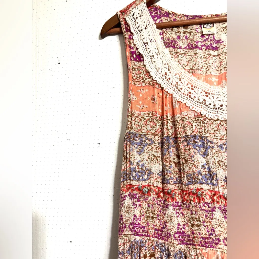 Bila XL Boho Multicolor Crocheted Trim Scarf Hem Midi Dress Orange - Image 4