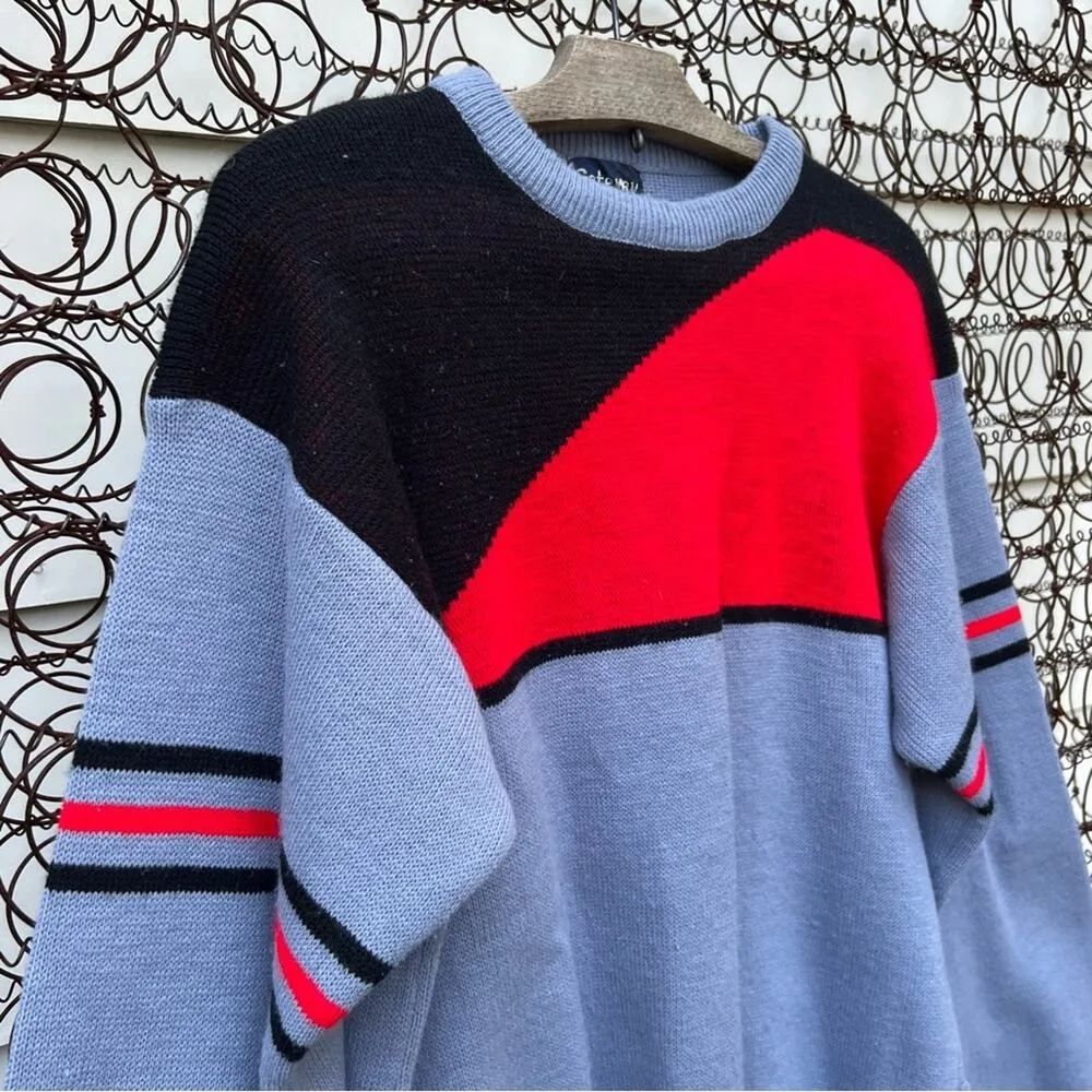 Vintage 89s gray black red color block knit crewneck sweater MEDIUM - Image 2
