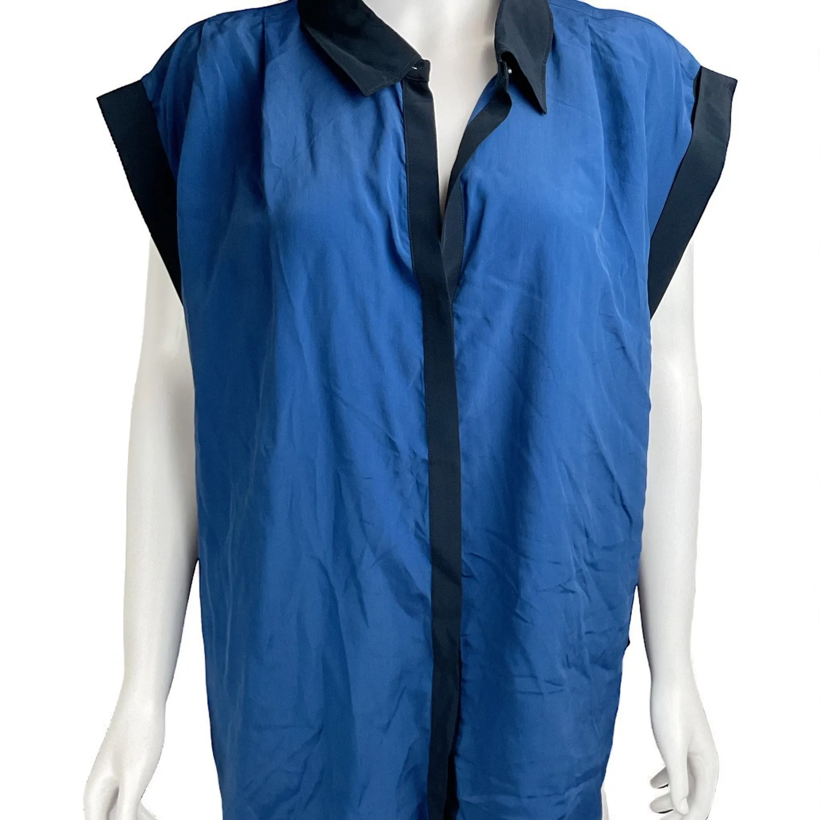 7 For All Mankind Women's Blue Sleeveless Collared Blouse Top‎ - Image 2