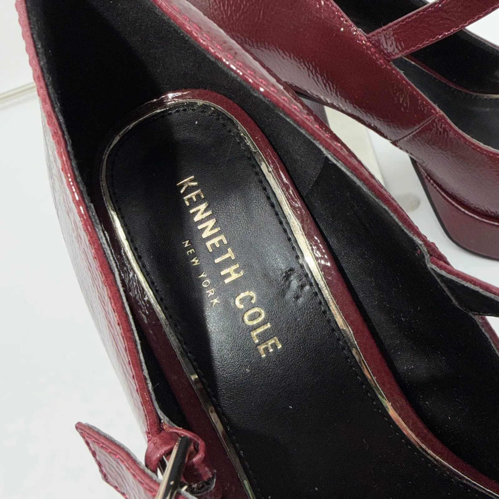 Kenneth Cole Women Burgundy Patent Leather Mary Jane Platform Chunky Heels Shoes - Image 4