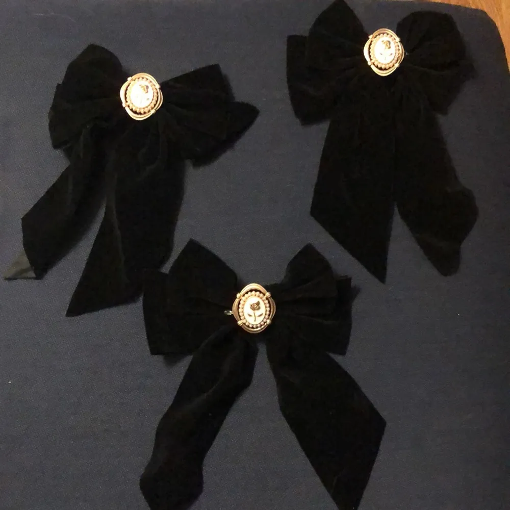 NEW Set of 3 Black Elegant Hair Bow Rose Detail Faux Pearls Clip In Hair Bows - Image 4