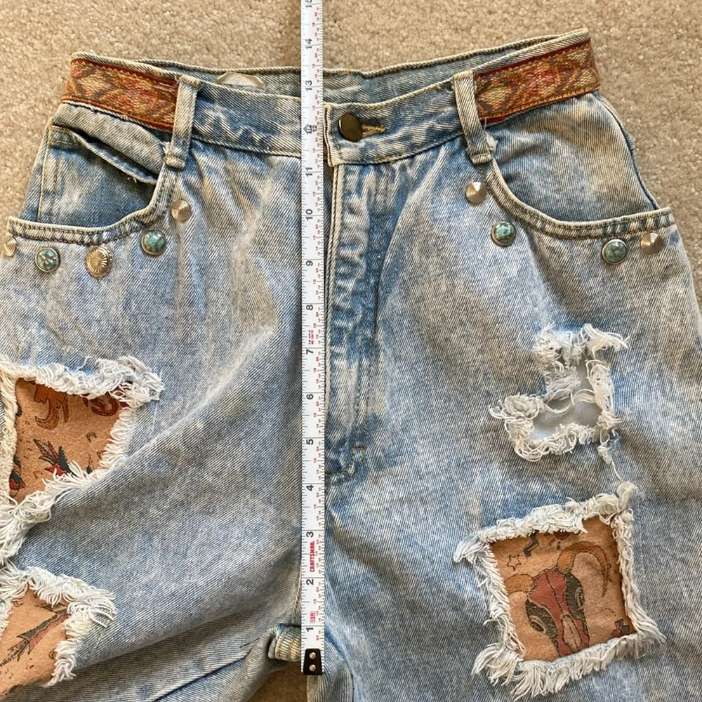Southwestern Style High Waisted Distressed Jeans Patchwork Women Size 2 Vintage Blue - Image 11
