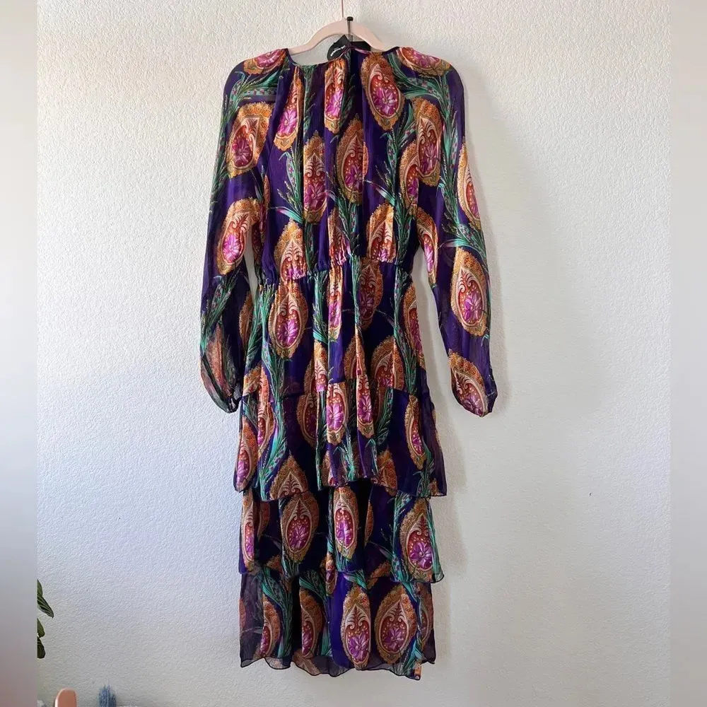 The Kooples Multicolor Purple‎ Hindu Flower Print Silk Midi Dress Small - Image 7