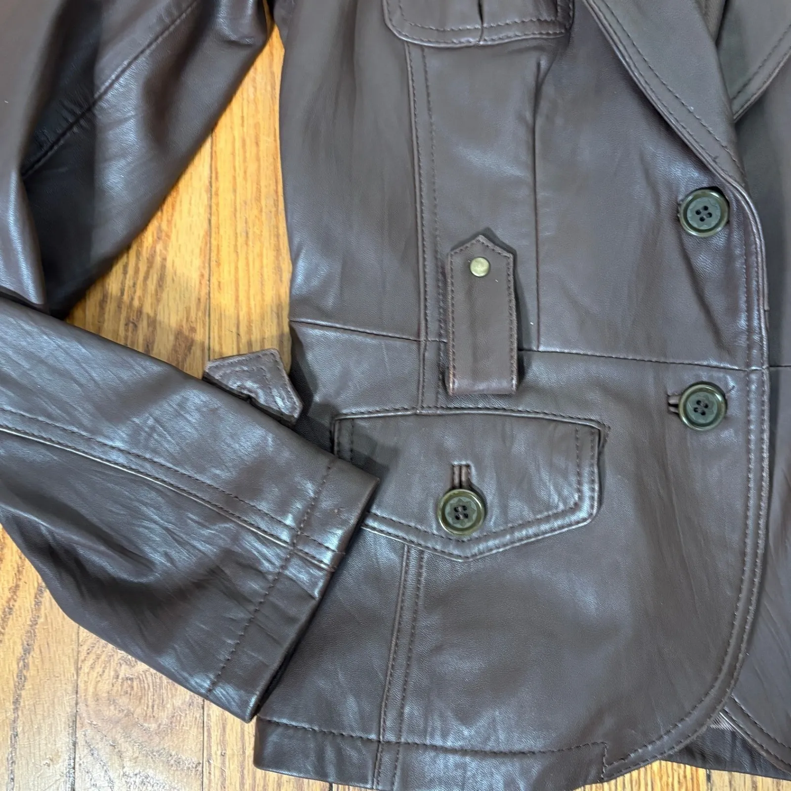 Danier Brown Leather Jacket Military Style Pockets Button Closure women's XS - Image 5